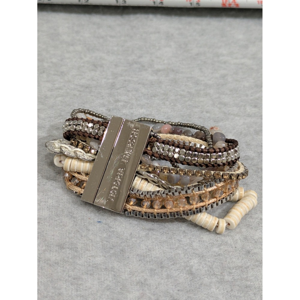 Victoria Emerson Bracelet Multi Strand Beaded Glass Gemstone Silver Tone Cuff